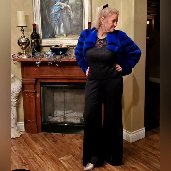 NWT Brilliant Sapphire Blue & Black Rex Chinchilla Fur Coat L/XL - Picture 11 of 17